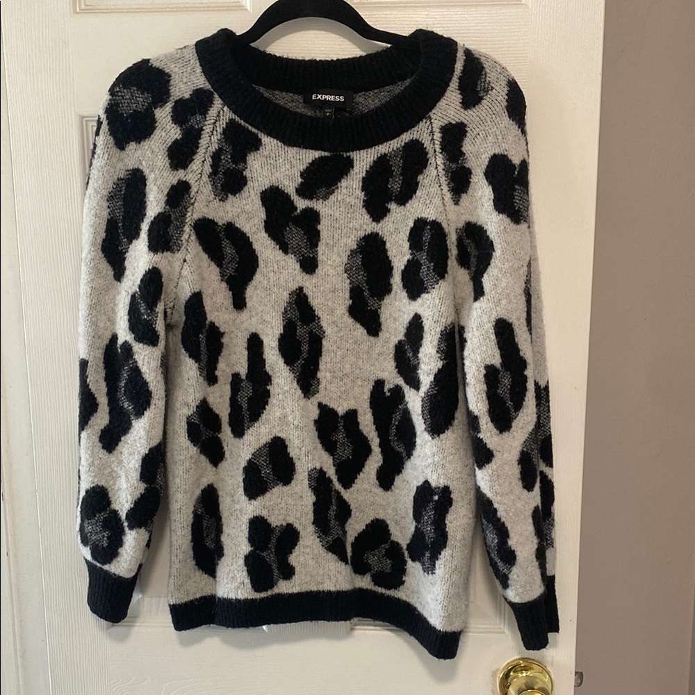Express Black and White Animal Print Crew Neck Sweater